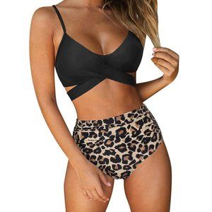 RUUHEE Women Criss Cross High Waisted String Floral Printed 2 Piece Bathing Suit